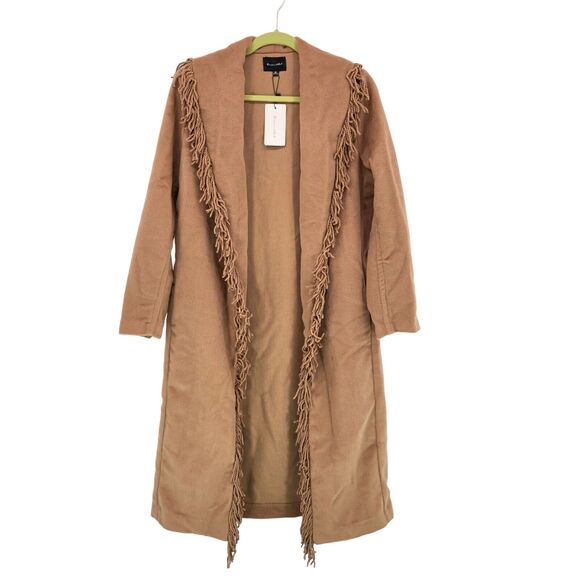 NEW Line & Dot Linda Fringe Coat Wool Blend Open Front Camel Womens XS - Picture 2 of 5